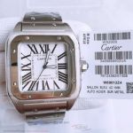 Perfect Replica Cartier Santos Stainless Steel Case White Roman Dial Black Leather Watch